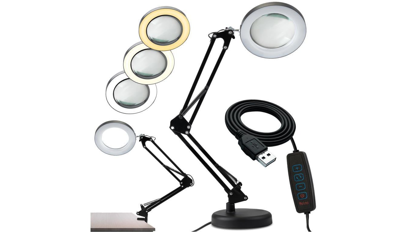 Lampka Biurkowa LED 8W CCT Kreślarska Stołowa 3x Szkło Powiększające Lupa LUCA 2 Czarna LUMILED