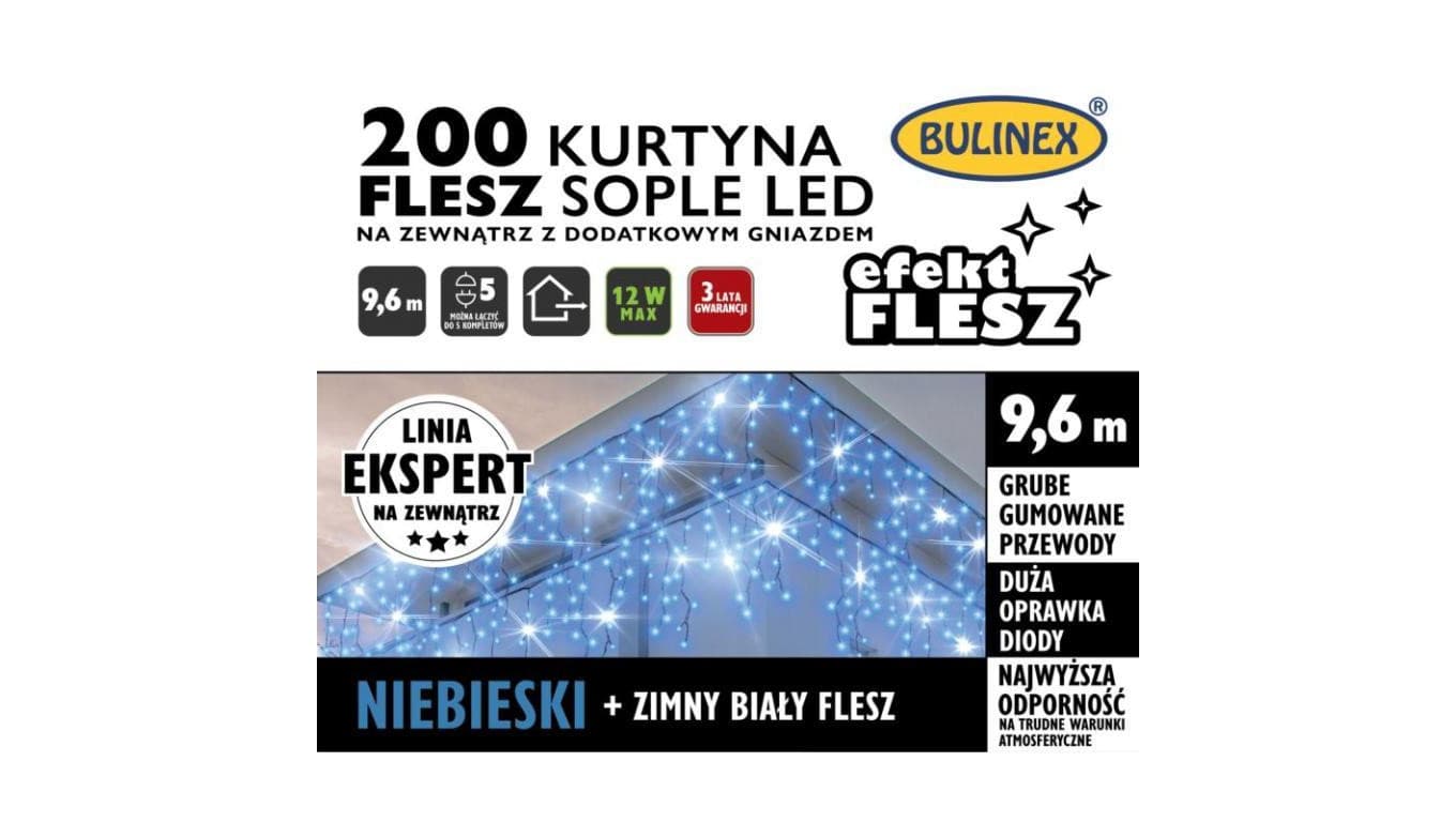 Lampki Bulinex kurtyna sople 200led nieb ieskie 9 6m biały flesz gruby przewód