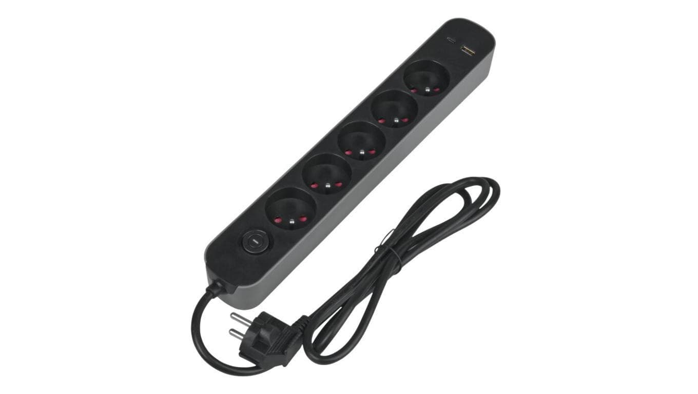 Listwa ochronna DPM z wyłącznikiem - 5 gniazda AC, 1x USB-A, 1x USB-C 1,5M szara