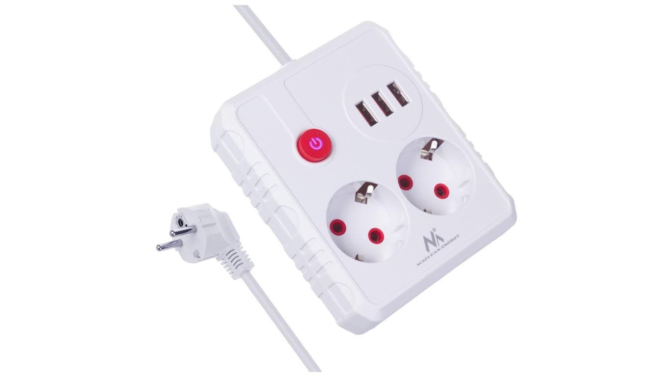 Listwa zasilająca Maclean, przedłużacz 2 gniazda + 3xUSB, 110-240V AC 50/60Hz, 2.1A max 2500W, 1.5m, biała, MCE387 W