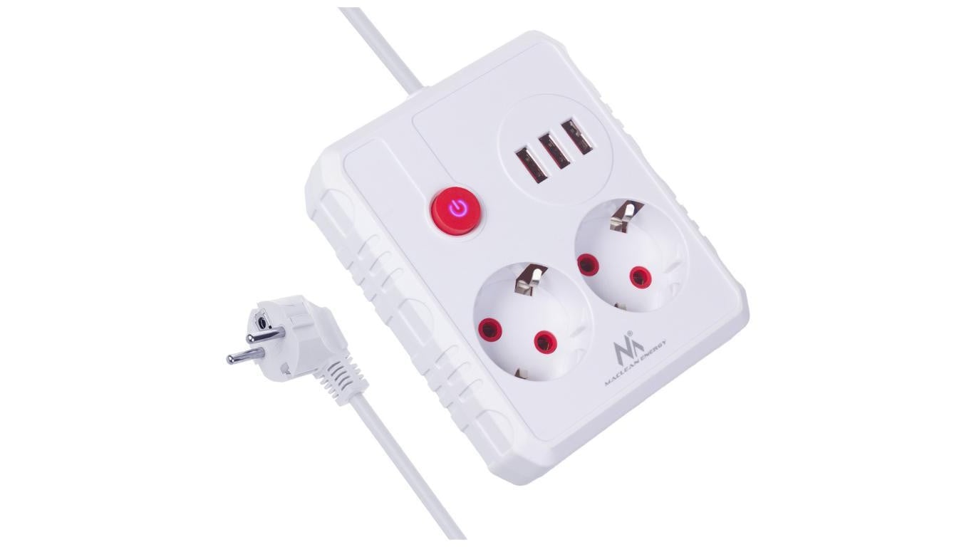 Listwa zasilająca Maclean, przedłużacz 2 gniazda + 3xUSB, 110-240V AC 50/60Hz, 2.1A max 2500W, 1.5m, biała, MCE387 W