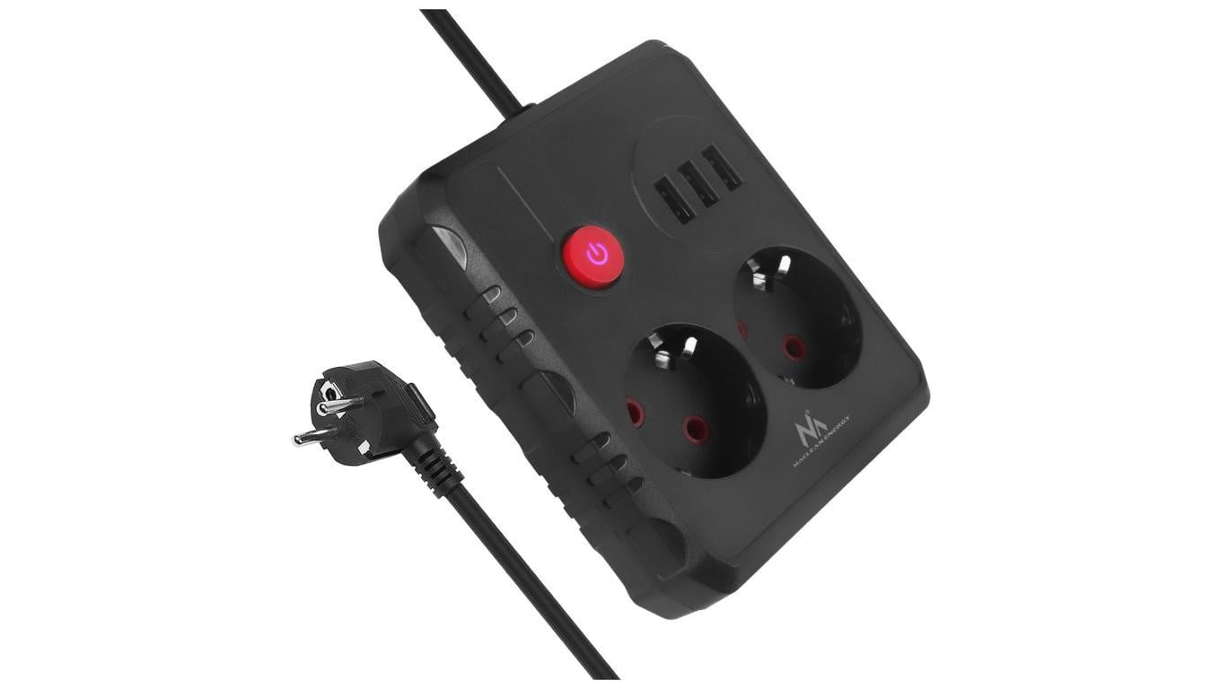 Listwa zasilająca Maclean, przedłużacz 2 gniazda + 3xUSB, 110-240V AC 50/60Hz, 2.1A max 2500W, 3 m, czarna, MCE388 B