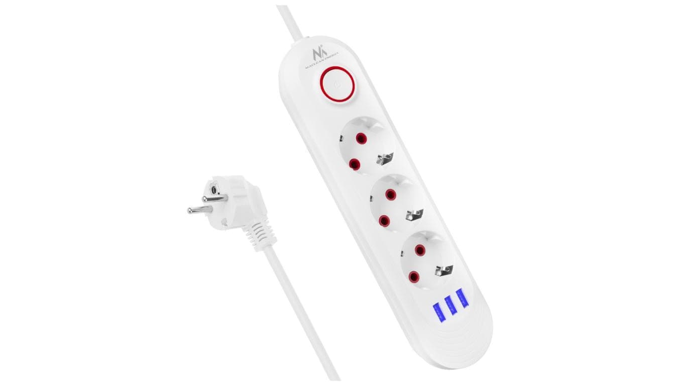 Listwa zasilająca Maclean, przedłużacz 3gniazda + 3xUSB, 110-240V AC 50/60Hz, 2.1A max 2500W, 1,5m, biała ,MCE394 W