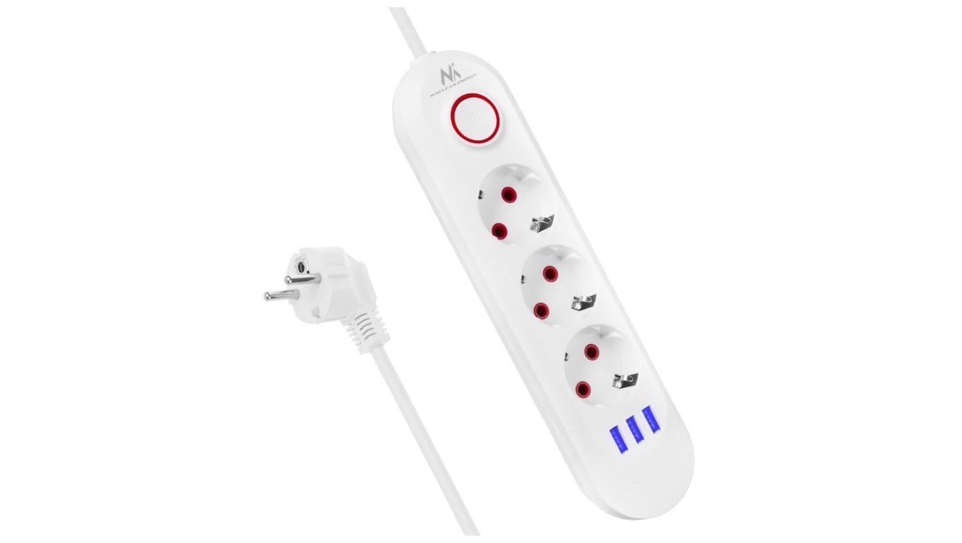 Listwa zasilająca Maclean, przedłużacz 3gniazda + 3xUSB, 110-240V AC 50/60Hz, 2.1A max 2500W, 1,5m, biała ,MCE394 W