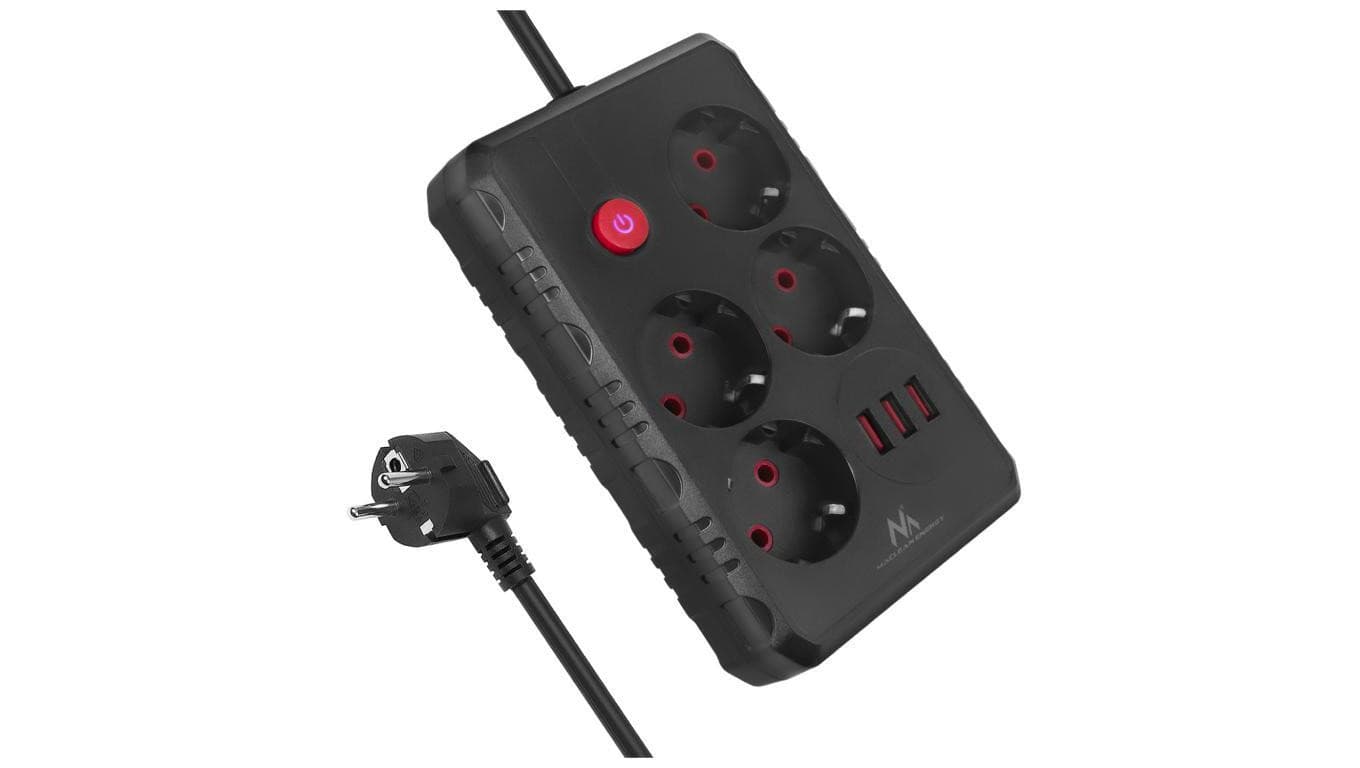 Listwa zasilająca Maclean, przedłużacz 4 gniazda + 3xUSB, 110-240V AC 50/60Hz, 2.1A max 2500W, 1,5m, czarna,MCE392 B