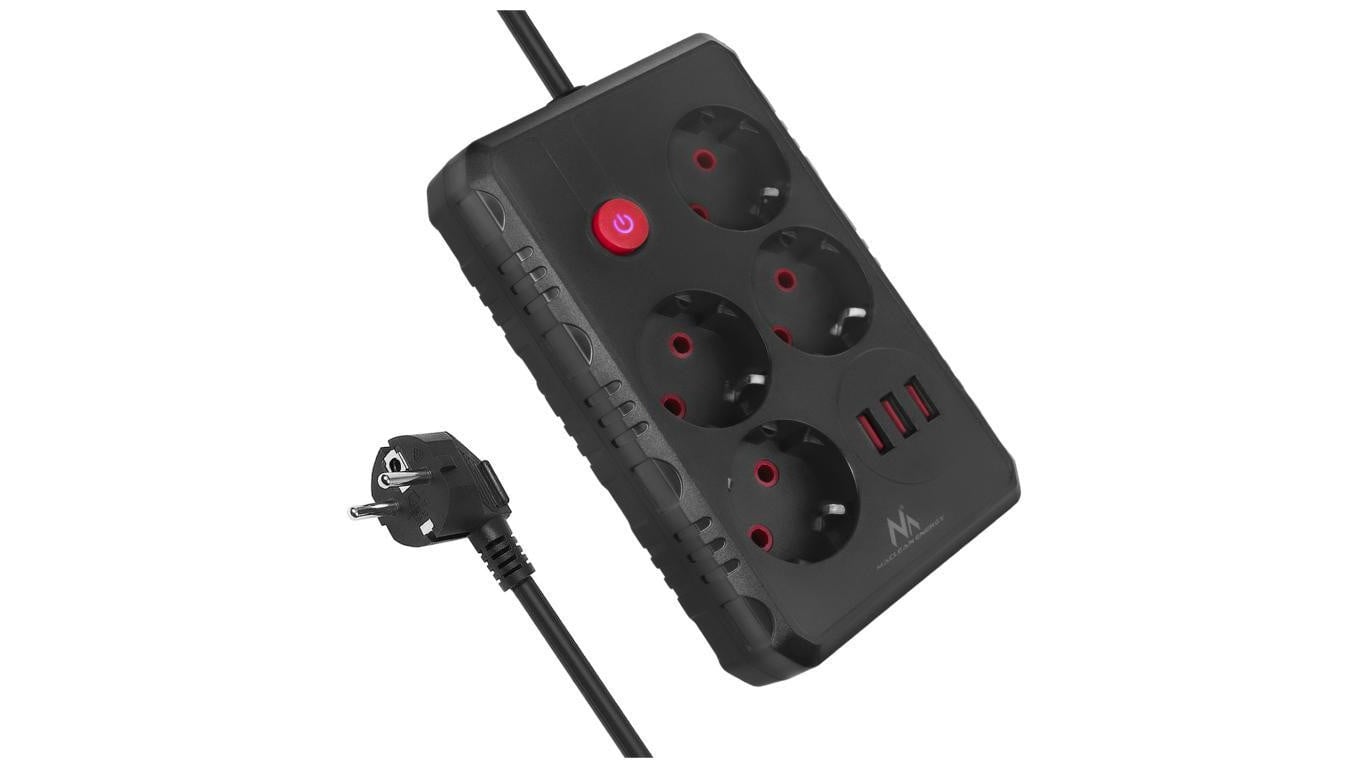 Listwa zasilająca Maclean, przedłużacz 4 gniazda + 3xUSB, 110-240V AC 50/60Hz, 2.1A max 2500W, 1,5m, czarna,MCE392 B