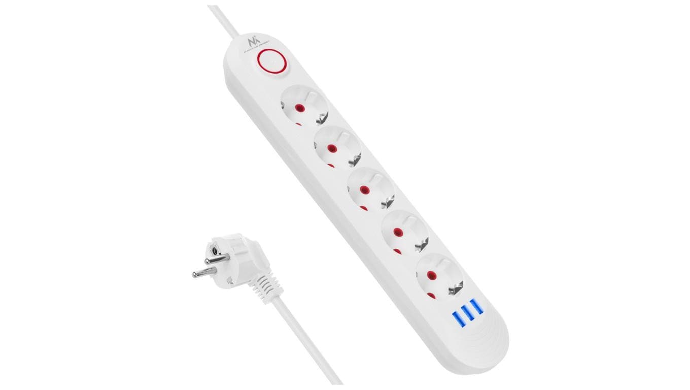 Listwa zasilająca Maclean, przedłużacz 5 gniazd + 3xUSB, 110-240V AC 50/60Hz, 2.1A max 2500W, 1,5m, biała ,MCE395 W