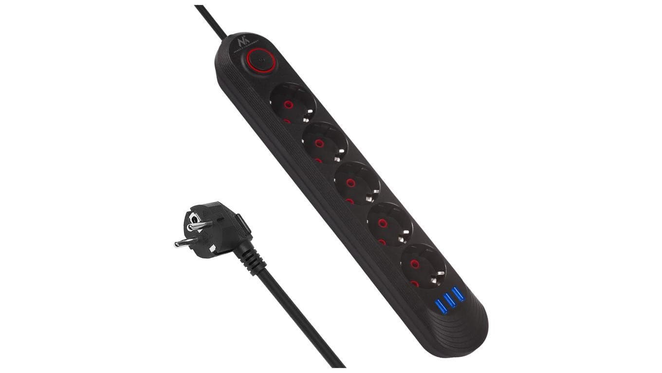Listwa zasilająca Maclean, przedłużacz 5 gniazd + 3xUSB, 110-240V AC 50/60Hz, 2.1A max 2500W, 1,5m, czarna ,MCE395 B