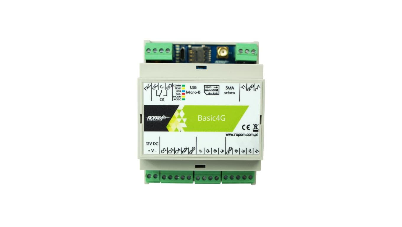 Moduł komunikacyjny GSM/LTE, 12V, 8 wejść, 4 wyjścia, DIN 4P, SMS-CLIP-E-MAIL, Basic4G-D4M