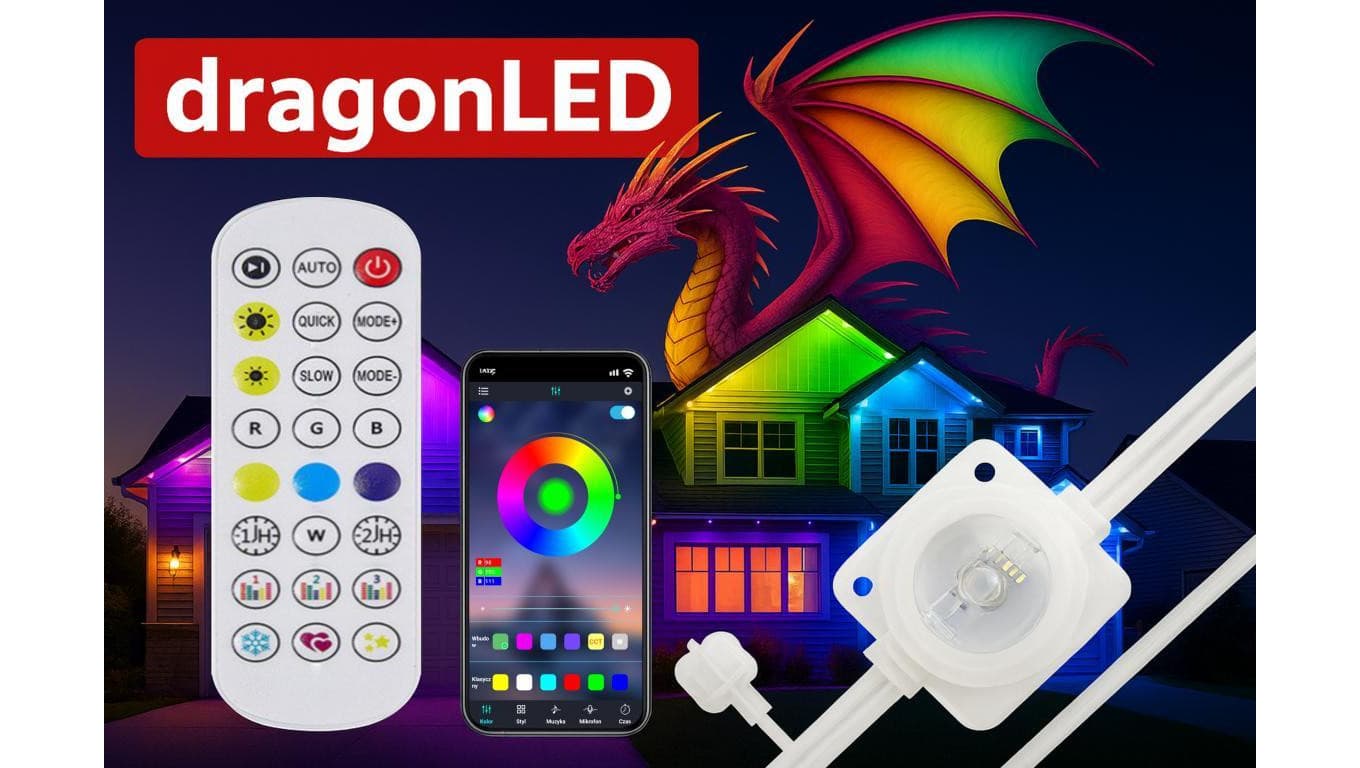 Oświetlenie dekoracyjne adresowane fasadowe pikselowe RGB IP65 15m 30px Dragon LED