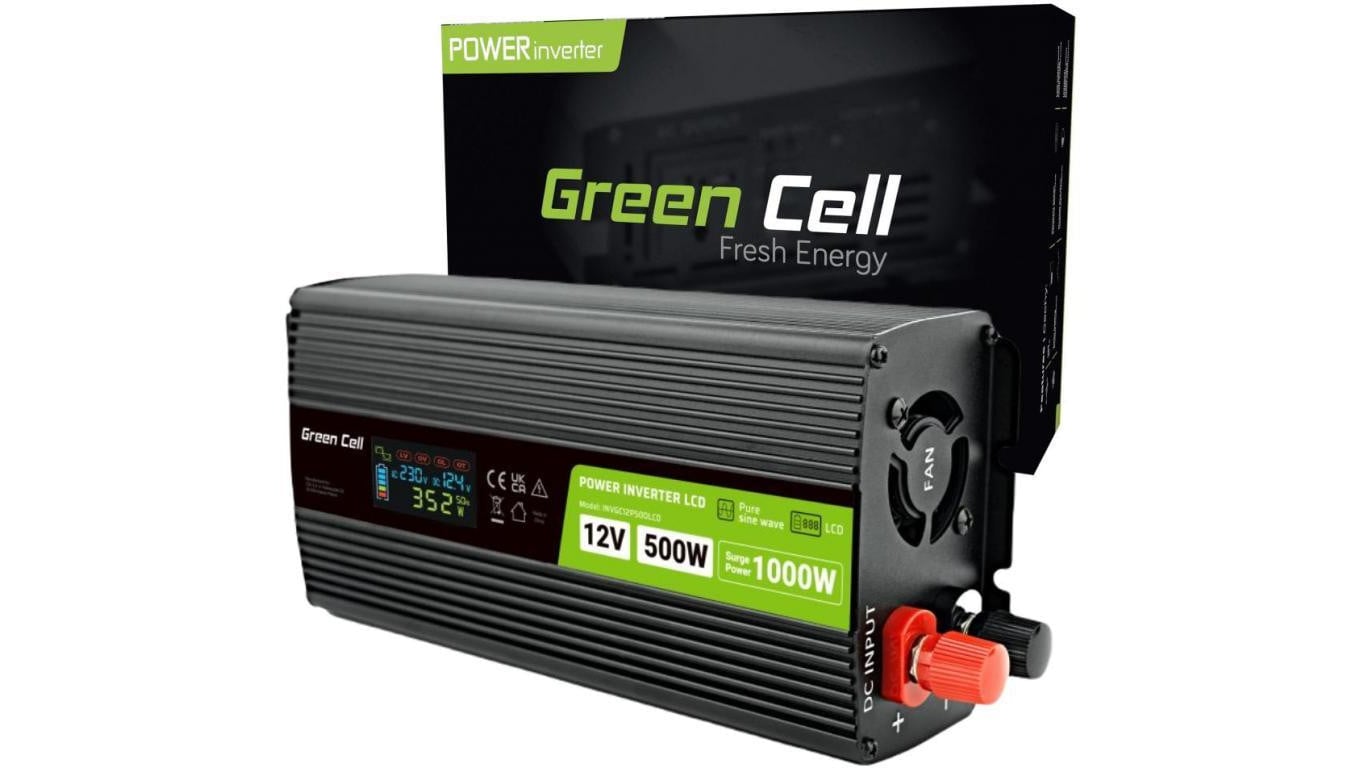 PRZETWORNICA NAPIĘCIA Green Cell PowerInverter LCD 12V -igt/br 230V 500W/1000W CZYSTA SINUSOIDA