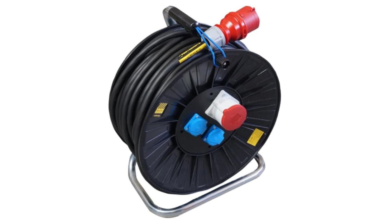 Przedłużacz budowlany siłowy 40m 16A na bębnie, gniazda 1x CEE 16A 5P, 2xGS230V, H07RN-F 5x2,5mm2