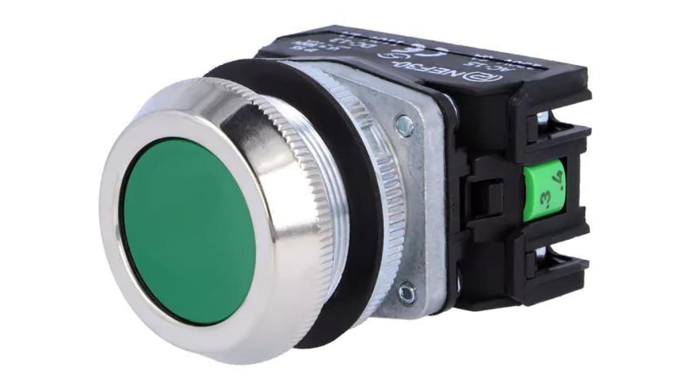 Przełącznik przyciskany, Ilość pozycji stabilnych: 1, NC + NO, zielony, 30mm, IP56 NEF30-KZXY
