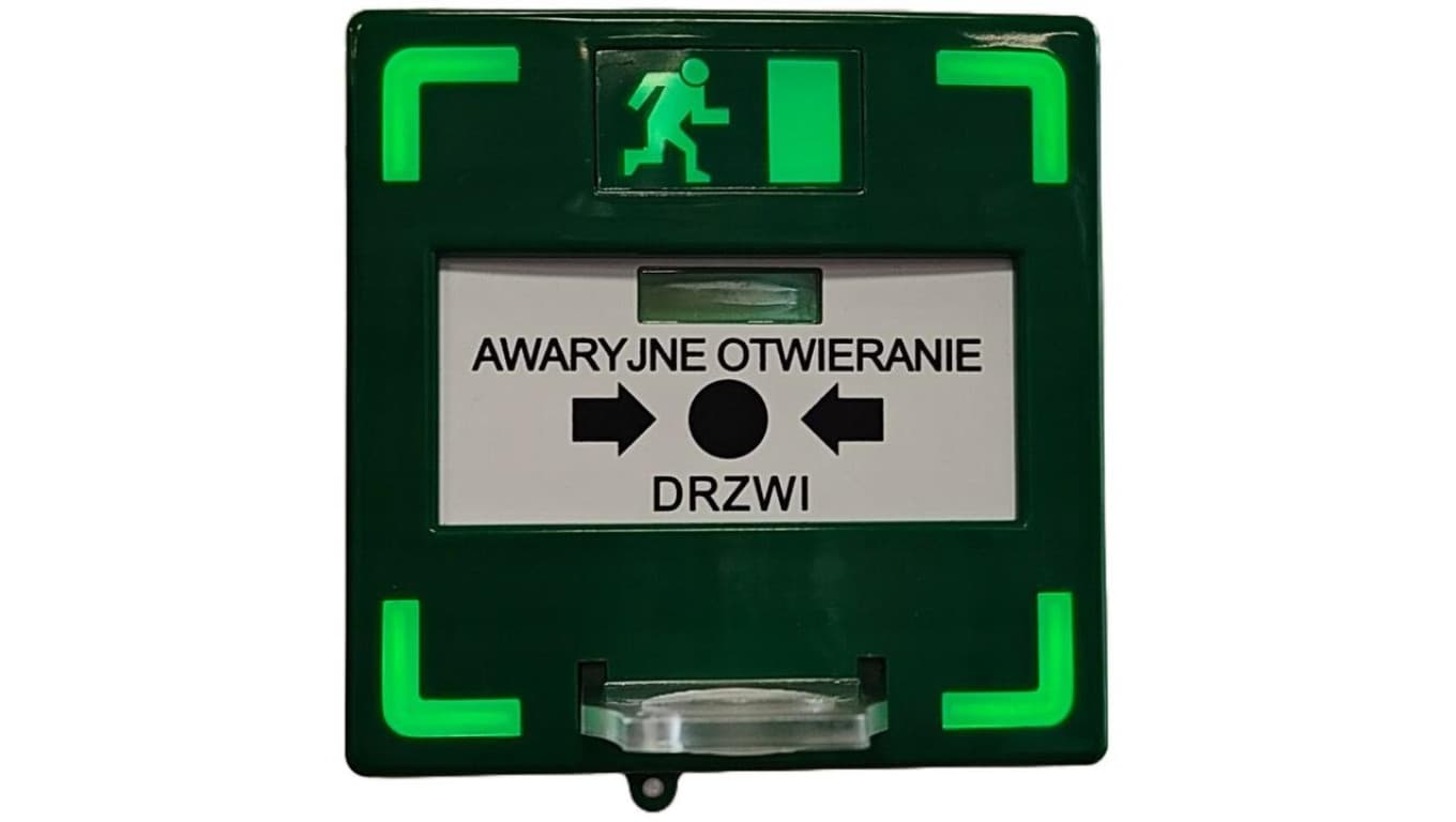 Przycisk wyjścia ewakuacyjnego z podświetleniem LED (zielony/czerwony) i sygnalizacją akustyczną (BUZZER) Fox GREEN-LED BUZZ