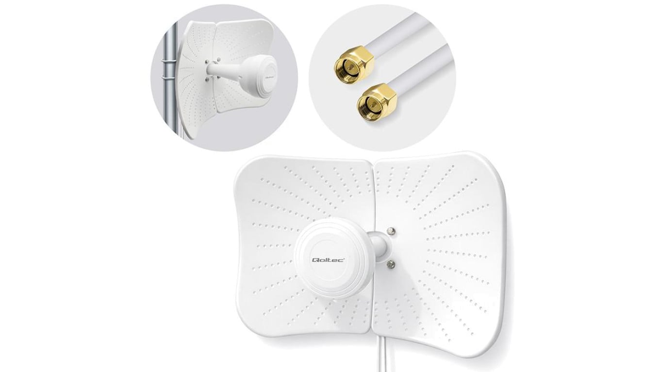 Qoltec Antena paraboliczna 4G 5G LTE 2x19dBi kierunkowa zewnętrzna 1710–2700 MHz 3300–4200 MHz N Female wodoodporna 5m