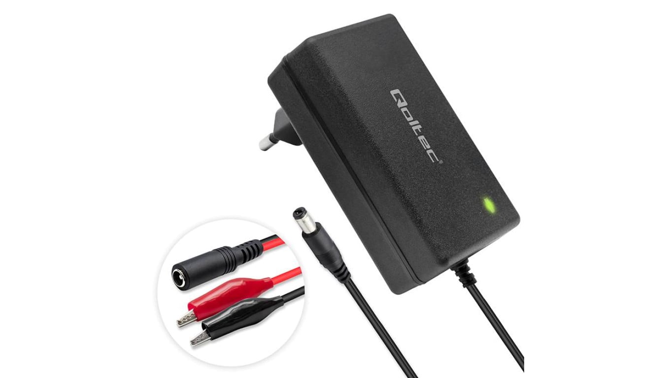 Qoltec Automatyczna ładowarka do akumulatora AGM GEL STD Prostownik 12V 2A 24W 5.5x2.1 Kabel 1.8m