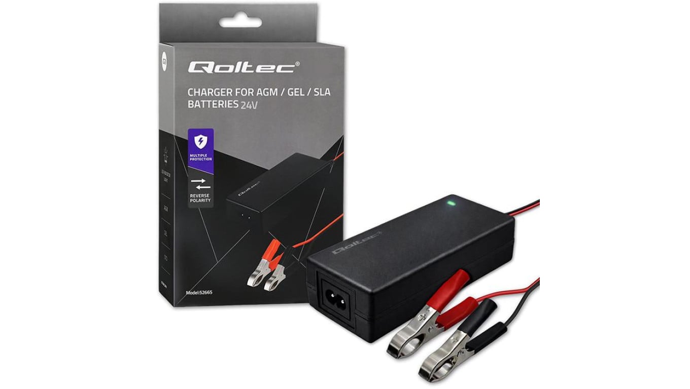 Qoltec Automatyczna ładowarka do akumulatora AGM GEL STD Prostownik 24V 2A 48W LED Kabel 1.8m