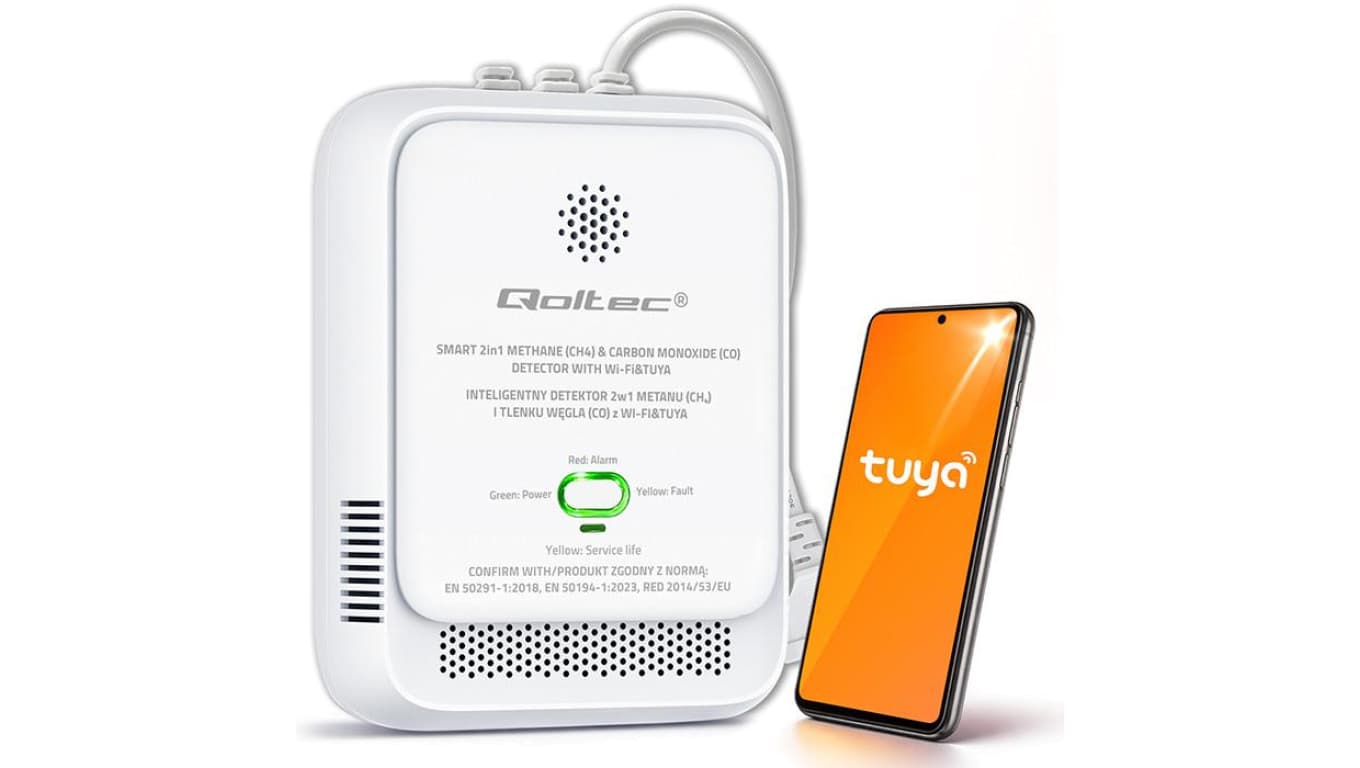 Qoltec Certyfikowany Czujnik 2w1 wycieku gazu ziemnego i tlenku węgla (czadu) detektor CH4 CO NG Tuya Wi-Fi alarm 85dB LED