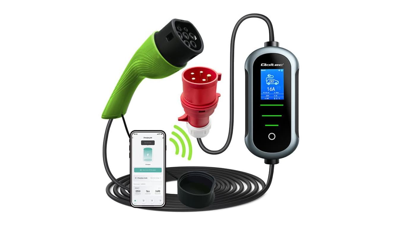 Qoltec Mobilna ładowarka do samochodu elektrycznego EV z regulacją 2w1 Typ2 11kW 400V Wi-fi TUYA SMART LIFE LCD Przenośna Wallbo