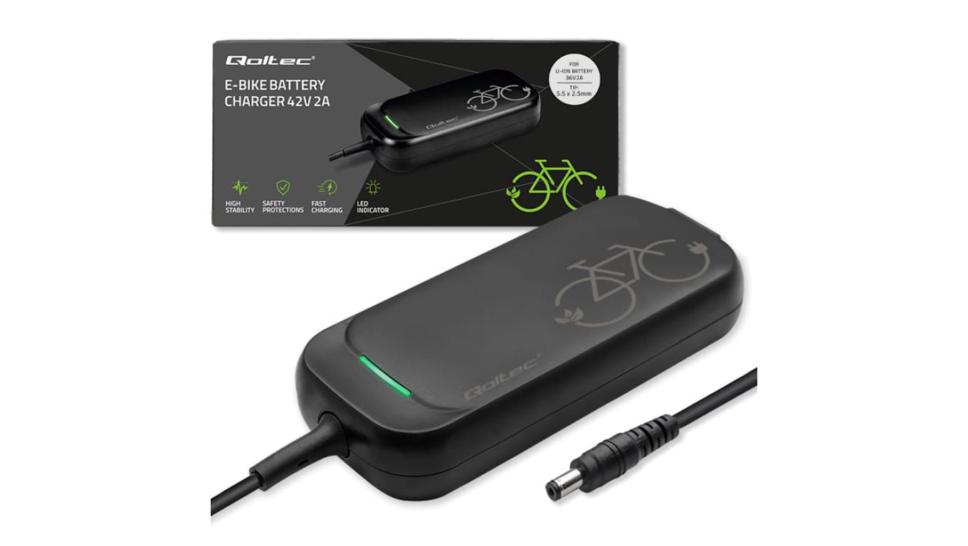 Qoltec Szybka Ładowarka do roweru skutera elektrycznego 36V 42V 2A 5.5*2.5 wodoodporna +kabel zasilający