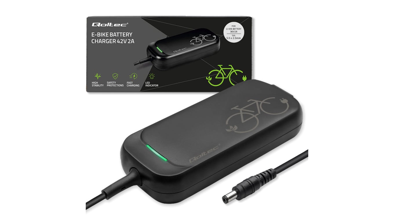 Qoltec Szybka Ładowarka do roweru skutera elektrycznego 36V 42V 2A 5.5*2.5 wodoodporna +kabel zasilający