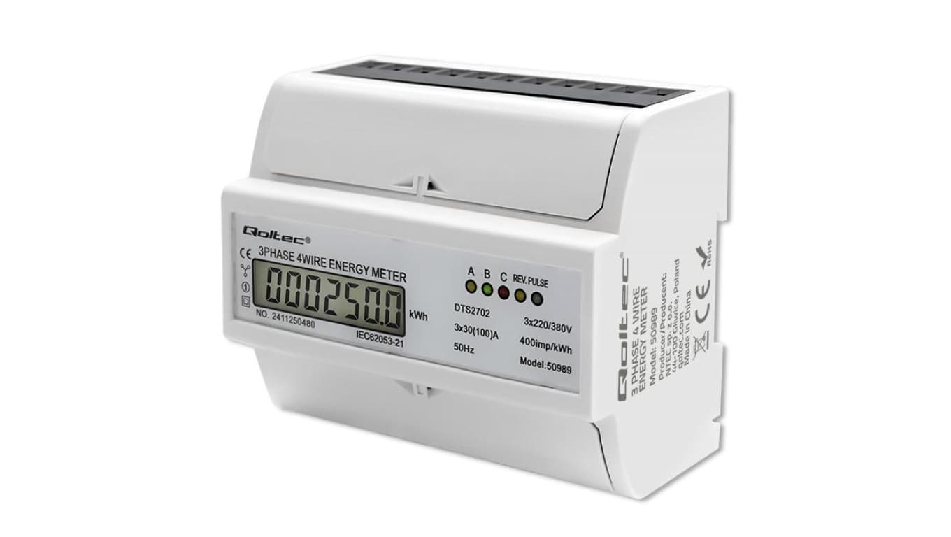 Qoltec Trójfazowy dwukierunkowy elektroniczny licznik miernik zużycia energii na szynę DIN 400V 100A LCD 4P