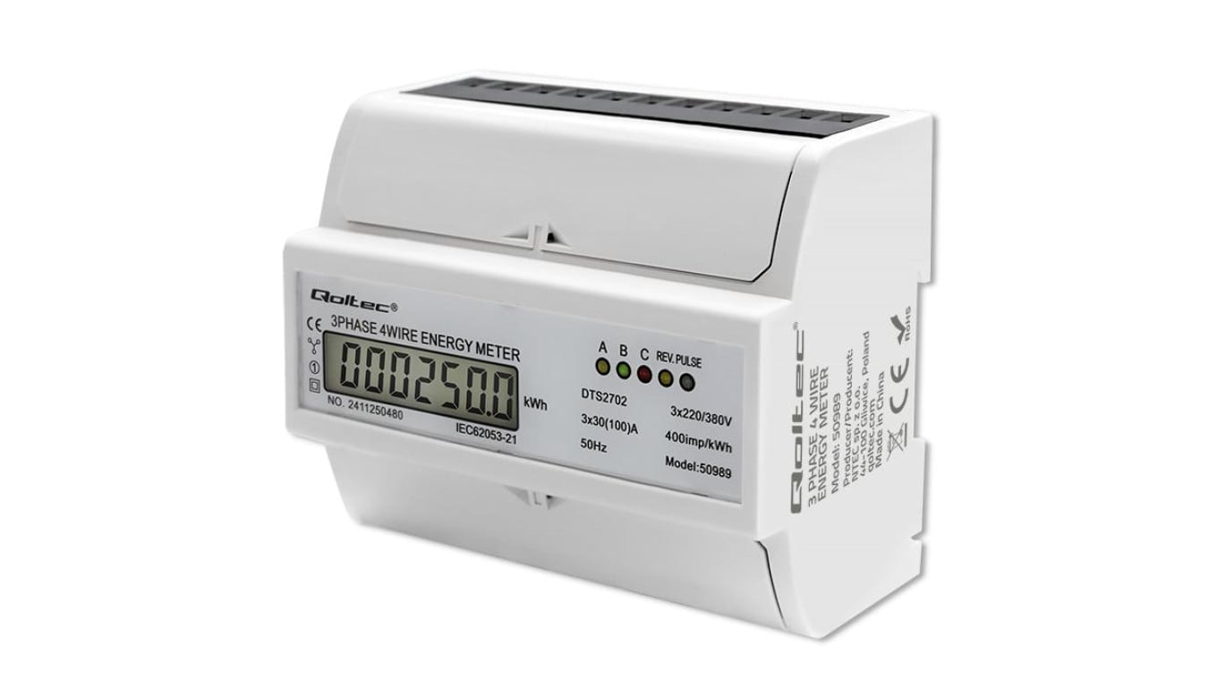 Qoltec Trójfazowy dwukierunkowy elektroniczny licznik miernik zużycia energii na szynę DIN 400V 100A LCD 4P