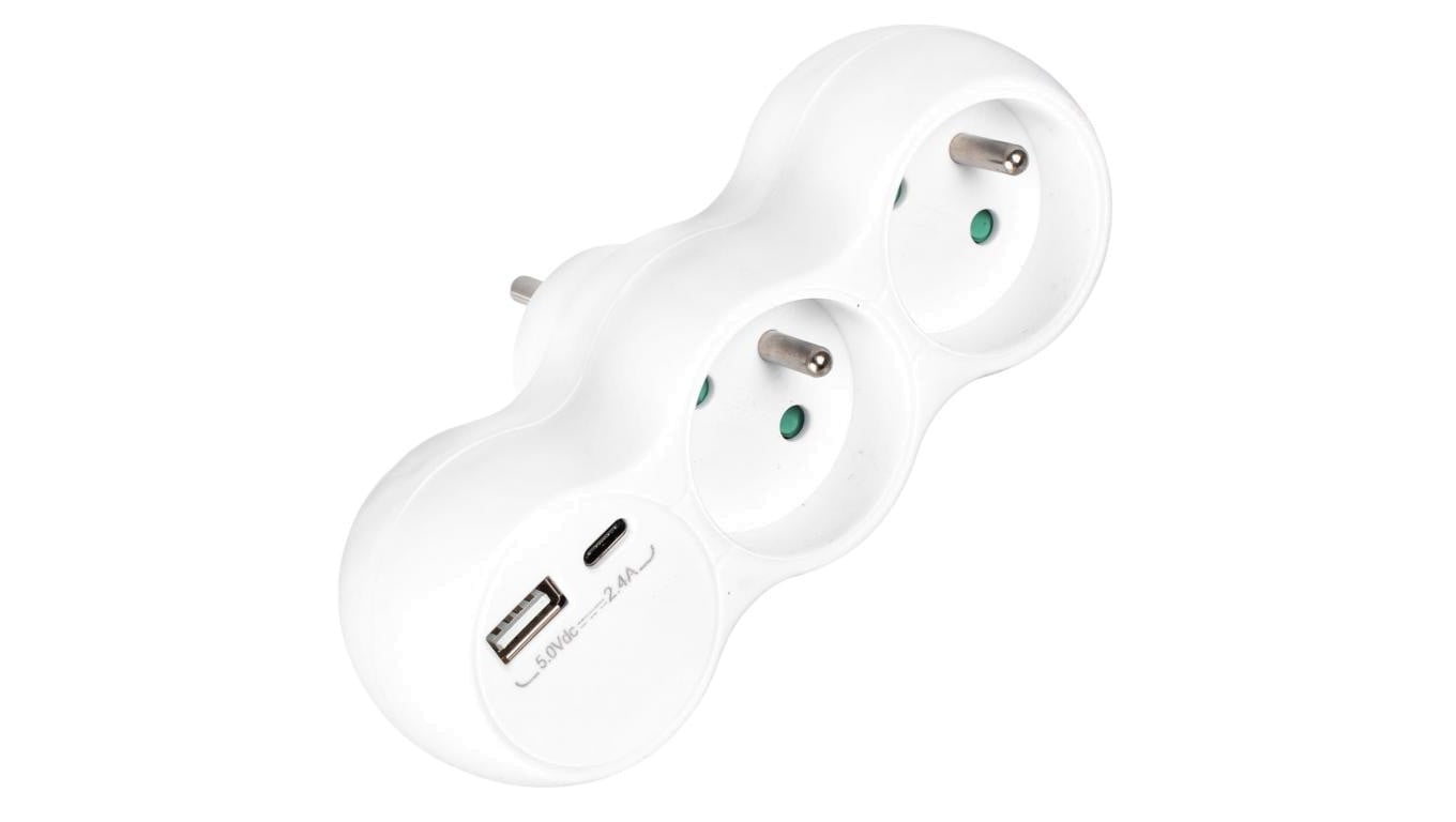 Rozgałęźnik sieciowy 2 gniazda French z uziemieniem + USB-C 2.4A + USB-A 2.4A VA0358 VAYOX