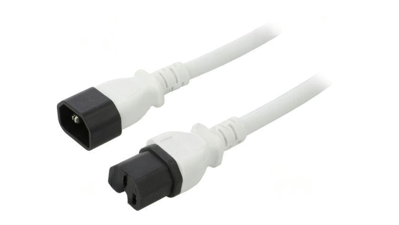 Kabel: 3x14AWG, IEC C14 męski,IEC C15 żeński, 1m, 15A LT-602+545 SJT 14/3 105C WHT 1M