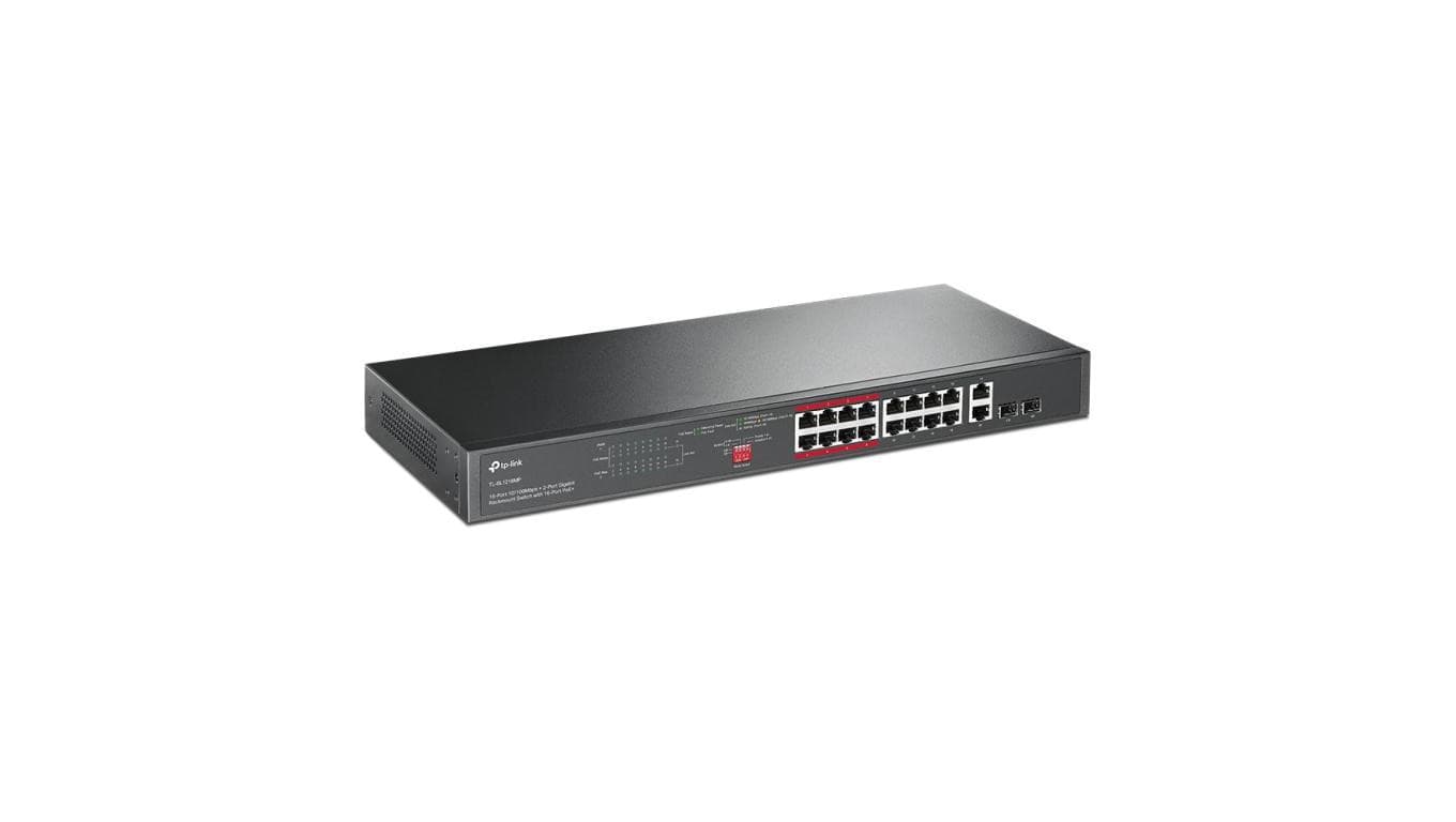 Switch 19 RACK 16x port RJ45 (Fast Ethernet 100Mb/s, w tym 16x PoE+) + 2x port RJ45 (Gigabit Ethernet 1000Mb/s) + 2x port SFP pr