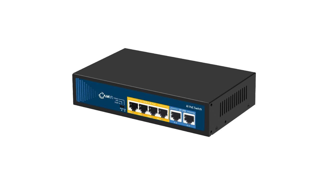 Switch PoE Desktop 6x port RJ45 (4x PoE+ Fast Ethernet 100Mb/s i 2x Uplink Fast Ethernet ) przełącznik niezarządzalny CAMVI