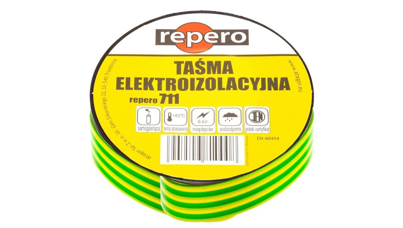Taśma izolacyjna PVC 15mm x 10m Repero 711 żółto-zielona