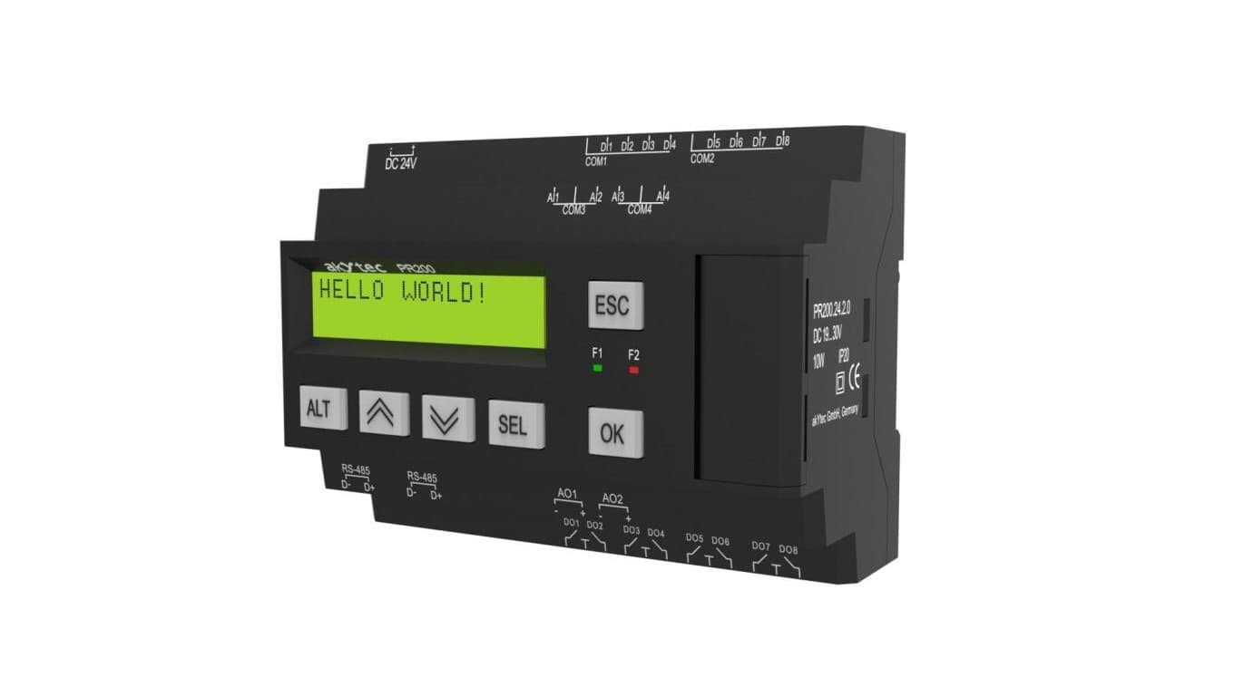 Uniwersalny, programowany sterownik PLC z wyświetlaczem LCD, 8DI, 8DO, 4AI, 2AO, 24 VDC - PR200.24.4.0