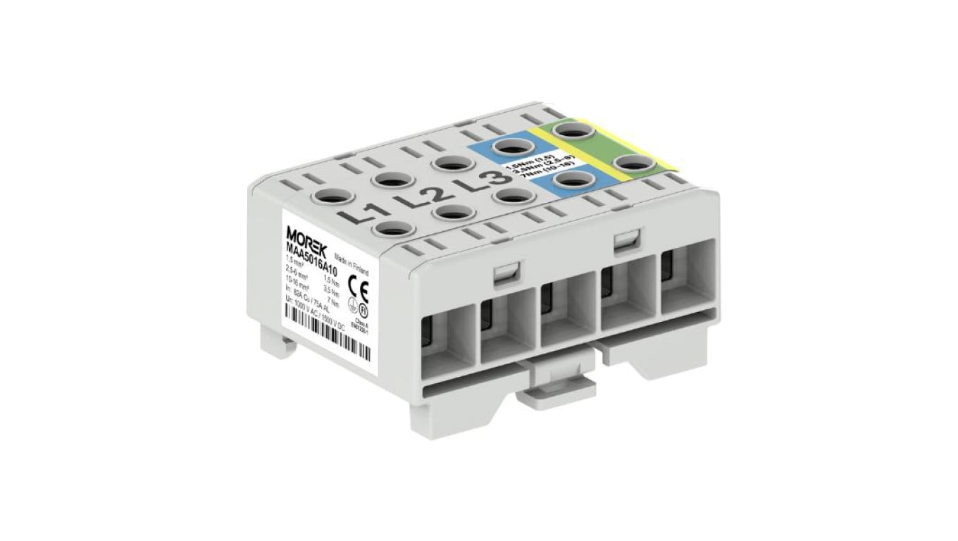 Złączka OTL16-5x szary, niebi, żół-ziel 5x1x Al/Cu 1,5-16mm² 1000V AC/1500V DC Zacisk uniwersalny mocowanie na szynę MAA5016A10