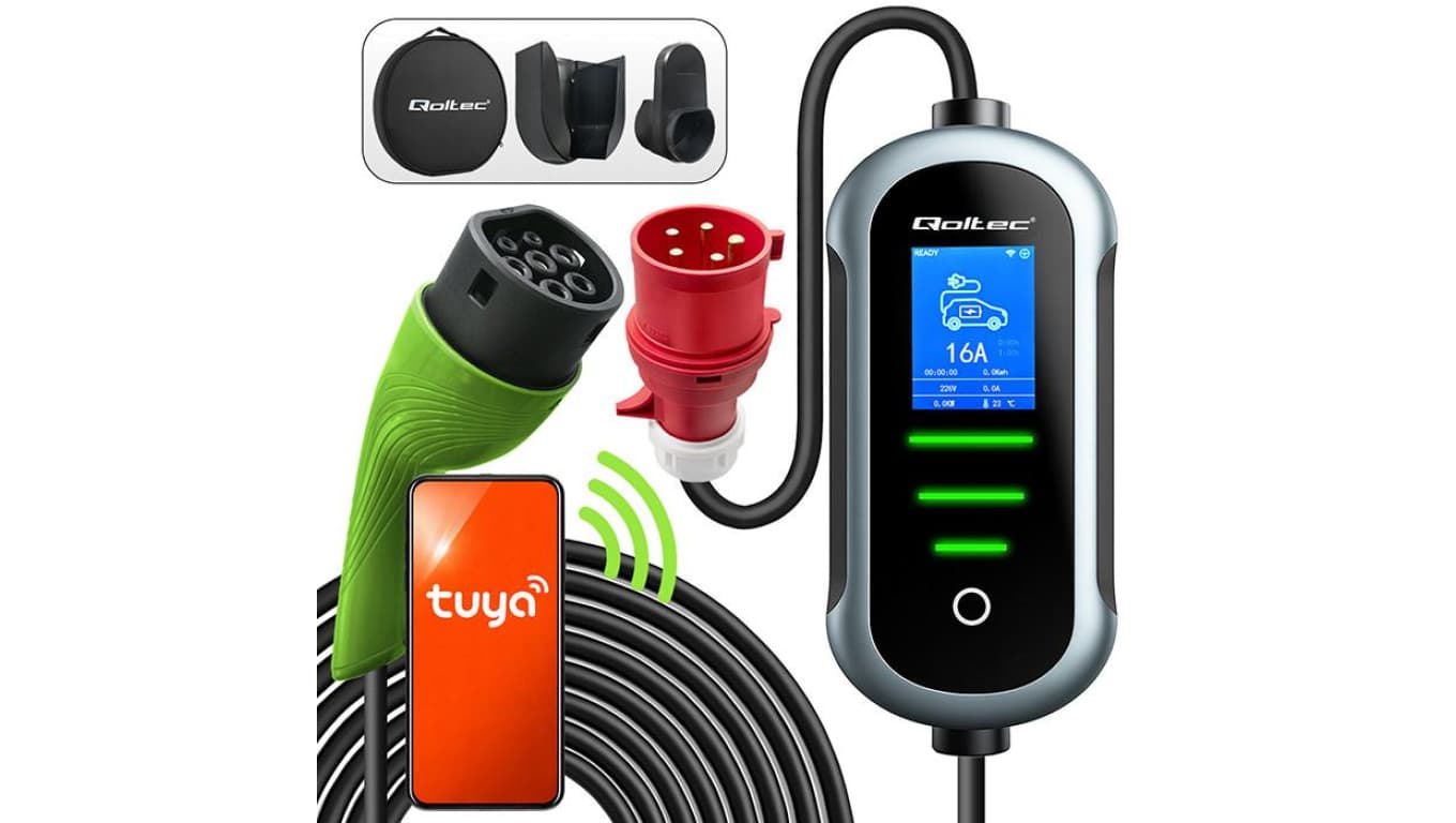 52720 Mobilna ładowarka do samochodu elektrycznego EV z regulacją 2w1 Typ2 11kW 400V CEE 16A Wi-fi TUYA SMART LIFE LCD 5m
