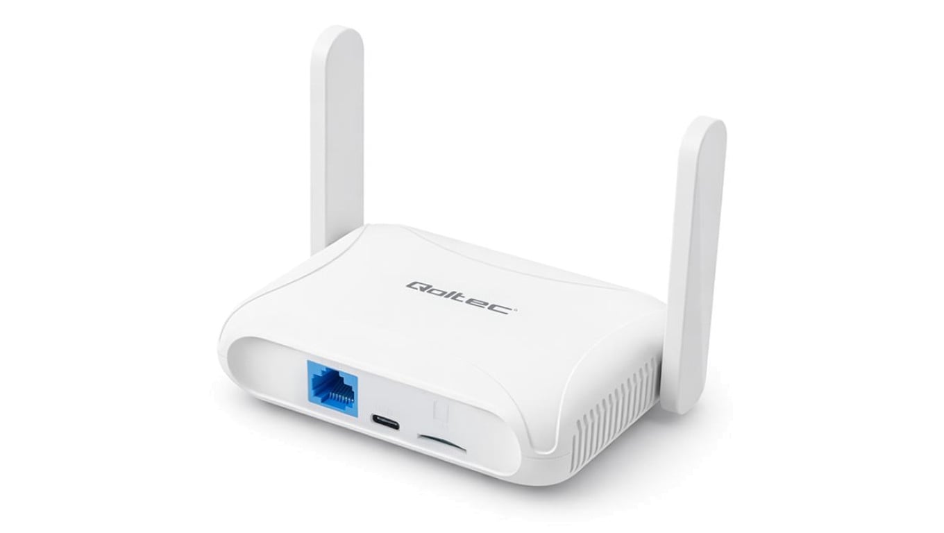 56980 Qoltec Router Home i Travel 4G LTE Wi-Fi 6 AX300Mb/s 2.4GHz TDD FDD OpenVPM USB-C Micro SIM