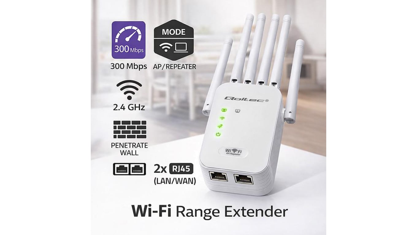57067 Qoltec Wzmacniacz sygnału Wi-Fi Repeater Access Point N300 6 anten 2x RJ45