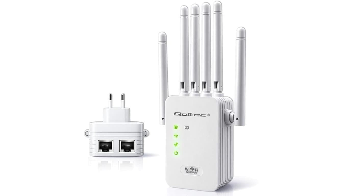 57068 Qoltec Wzmacniacz sygnału Wi-Fi 5 Repeater Access Point AC1200 6 Anten 2x RJ45 128MB