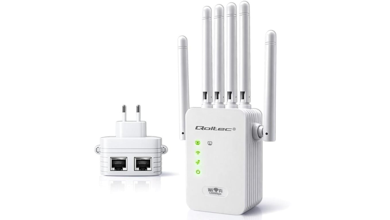 57068 Qoltec Wzmacniacz sygnału Wi-Fi 5 Repeater Access Point AC1200 6 Anten 2x RJ45 128MB