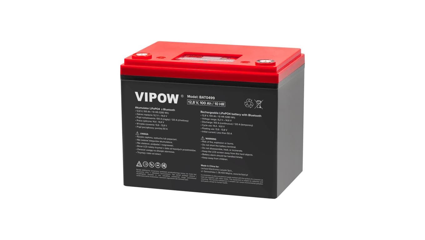 Akumulator LiFePO4 (litowo-żelazowo-fosforanowy) 12,8V 100Ah z układem BMS, wyświetlaczem LCD i Bluetooth Vipow