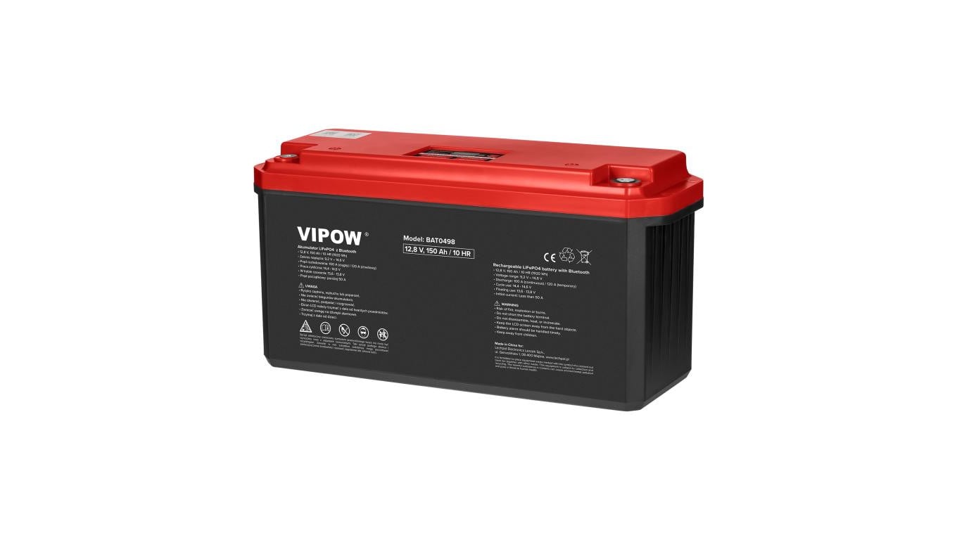 Akumulator LiFePO4 (litowo-żelazowo-fosforanowy) 12,8V 150Ah z układem BMS, wyświetlaczem LCD i Bluetooth Vipow