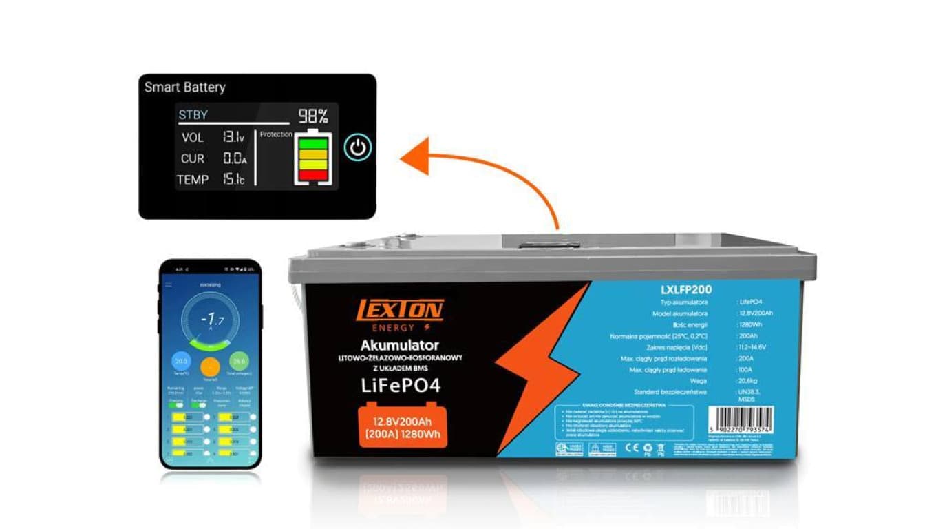 Akumulator LiFePO4 (litowo-żelazowo-fosforanowy) 12,8V 200Ah z układem BMS, wyświetlaczem LCD i Bluetooth