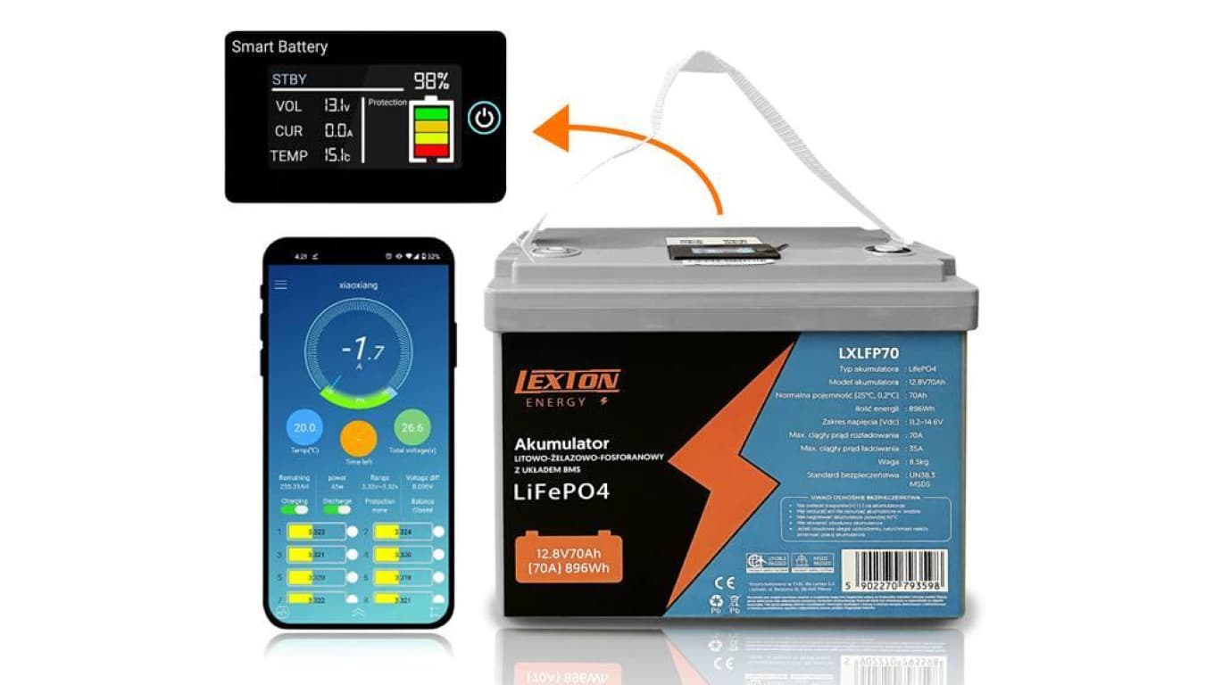 Akumulator LiFePO4 (litowo-żelazowo-fosforanowy) 12,8V 70Ah z układem BMS, wyświetlaczem LCD i Bluetooth
