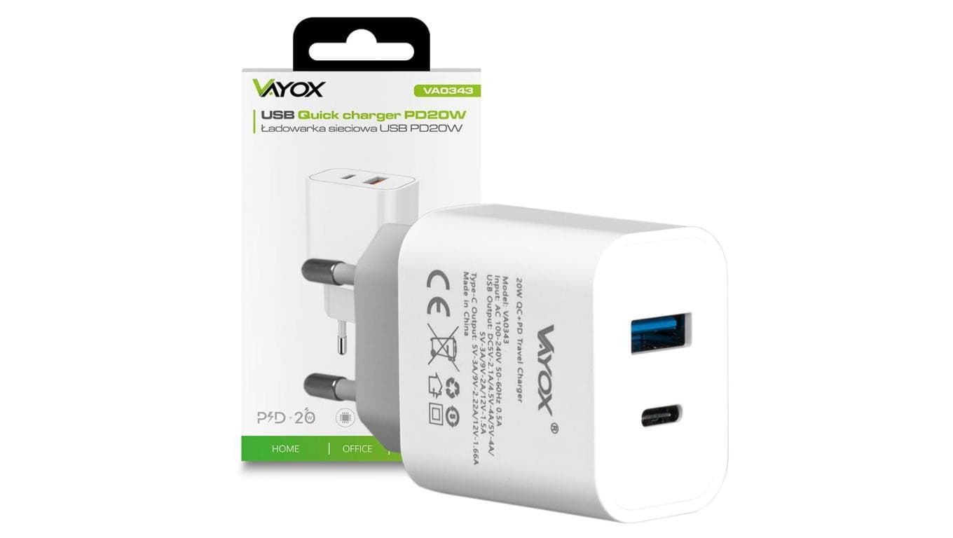 Ładowarka sieciowa USB-A + USB-C 20W biała VA0343 Vayox