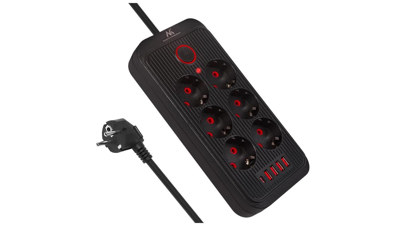 Listwa zasilająca Maclean, przedłużacz 6 gniazd + 4xUSB, 110-240V AC 50/60Hz, 2.1A max 2500W, 3m, czarna,MCE391 B
