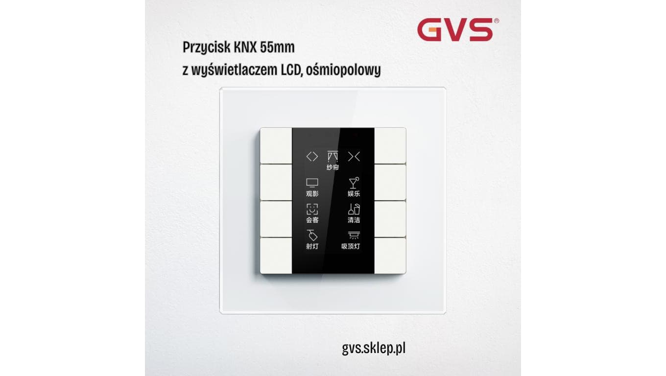 Przycisk KNX 55mm 8-polowy biały z LCD