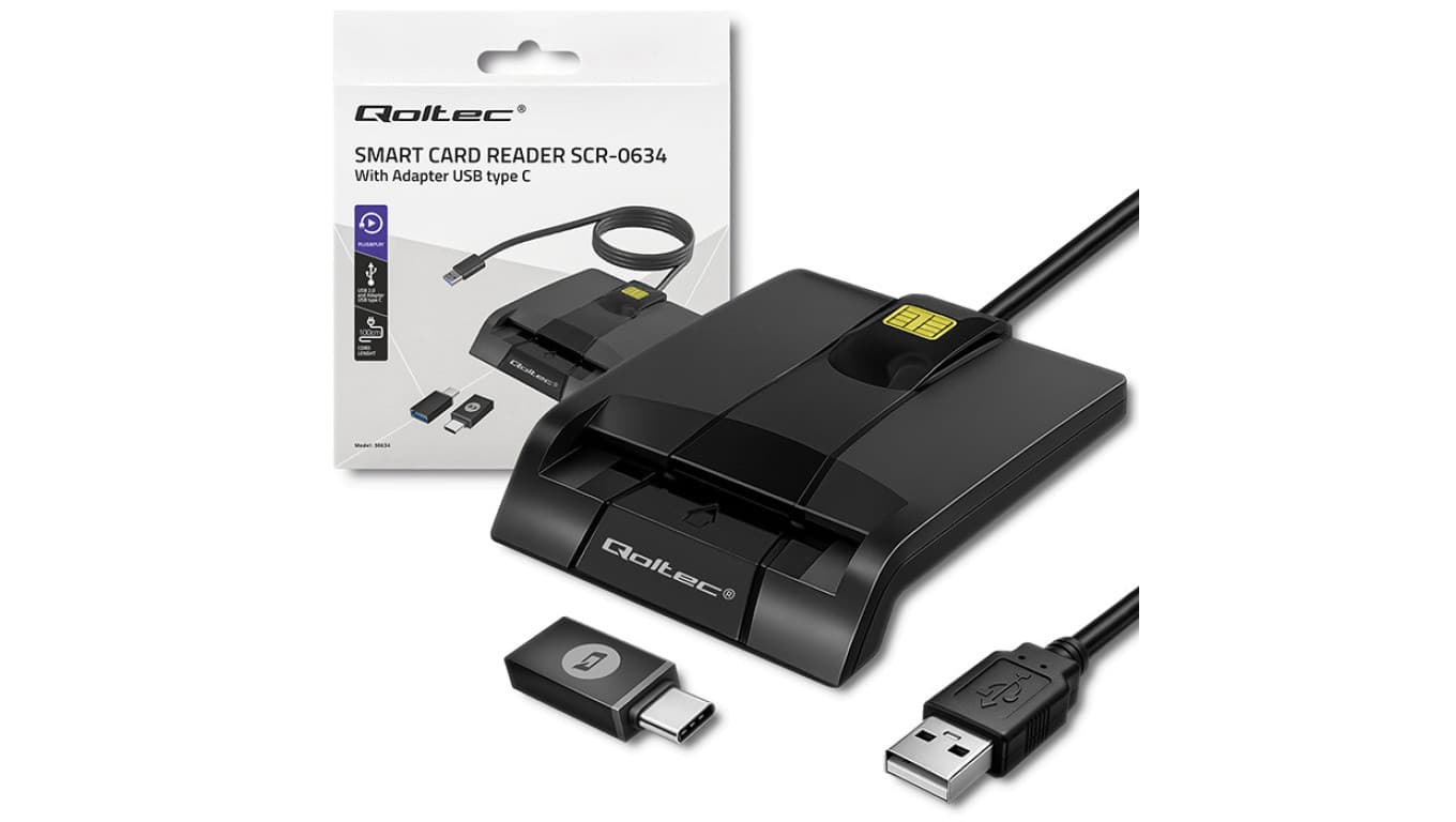 Qoltec Inteligentny czytnik chipowych kart ID SCR-0634 USB 2.0 + Adapter USB-C