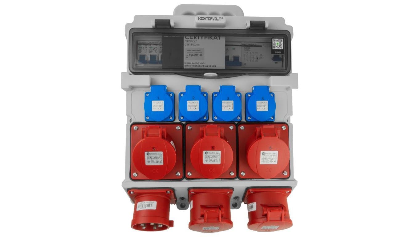 Rozdzielnica budowlana 3x16A 2x32A CEE 4x230V z uchwytem i wtyczką tablicową Doktorvolt TR-S/FI DV-5053-D