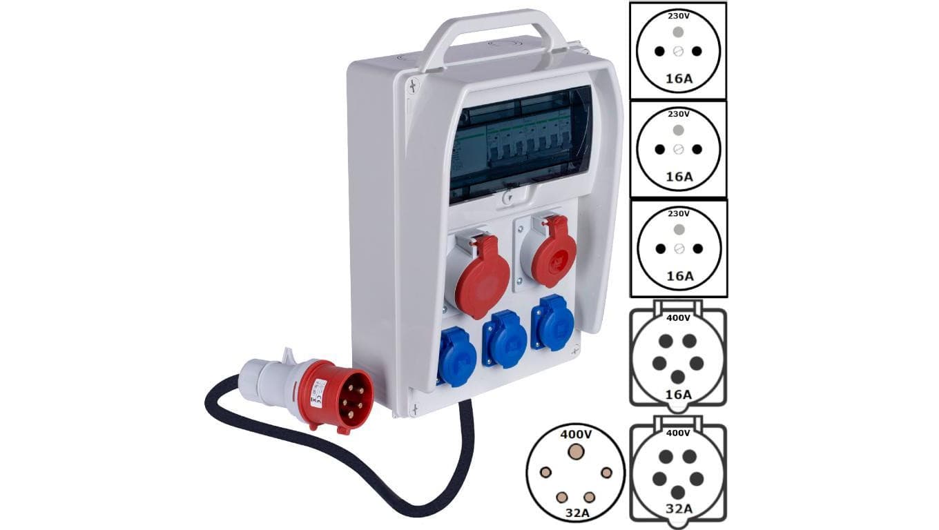 Rozdzielnica budowlana R-BOX IP44 przenośna Wyposażona + 5P/32A + 5P/16A + 3x2P+Z/250V + wtyk 32A/5P PAWBOL