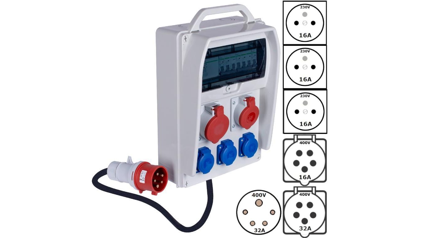 Rozdzielnica budowlana R-BOX IP44 przenośna Wyposażona + 5P/32A + 5P/16A + 3x2P+Z/250V + wtyk 32A/5P PAWBOL